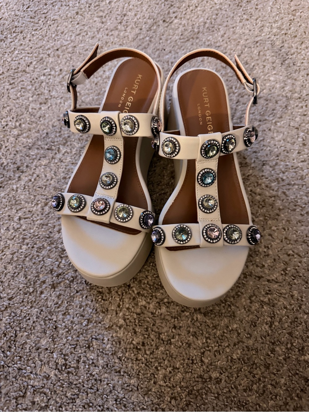 Kurt Geiger cream platform T-strap sandals with jeweled embellishments